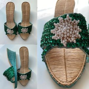 Green Sequin Espadrilles with Pearl Embellishment